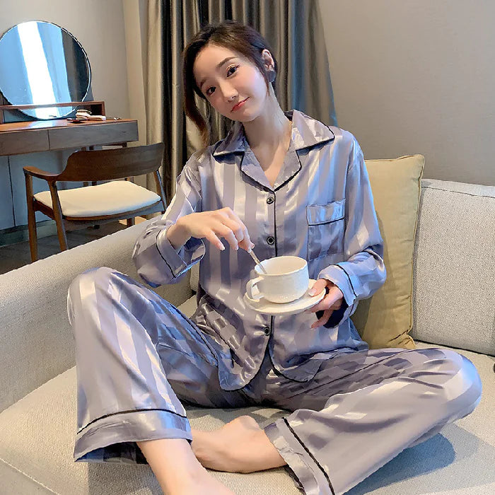 Silk Striped Pajama Set for Women